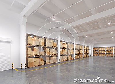 Warehouse with many racks and boxes Stock Photo