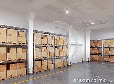 Warehouse with many racks and boxes Stock Photo