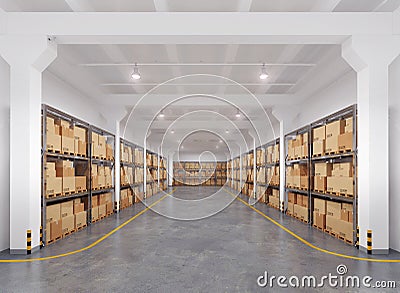 Warehouse with many racks and boxes Stock Photo