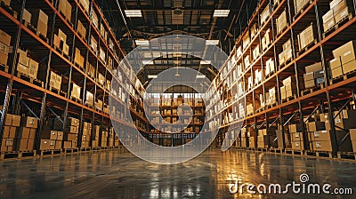 a warehouse with neatly stacked boxes in sturdy racks, highlighting the orderly arrangement and spacious layout. Stock Photo