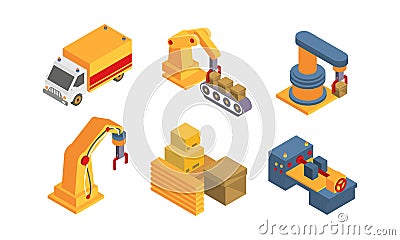 Warehouse objects and equipment set, intelligent manufacturing, robotic arm, automated conveyor vector Illustration on a Vector Illustration