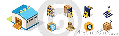 Warehouse Objects with House and Cardboard Box on Shelves Isometric Vector Set Vector Illustration