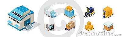 Warehouse Objects with House, Fork Lifter, Truck and Cardboard Box Isometric Vector Set Vector Illustration
