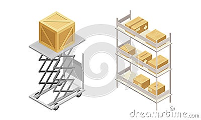 Warehouse objects set. Cardboard boxes on racks. isometric vector illustration Vector Illustration