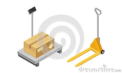 Warehouse objects set. Scales and forklift. Storage and logistic concept isometric vector illustration Vector Illustration
