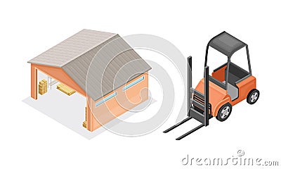 Warehouse objects set. Warehouse building and forklift truck. Storage and logistic concept isometric vector illustration Cartoon Illustration