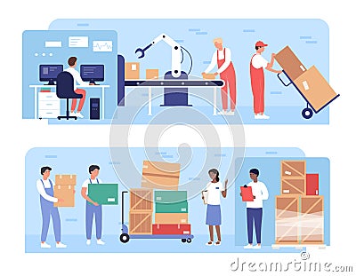 Warehouse packaging work vector illustration, cartoon flat worker people load boxes on pallets, stockroom loading Vector Illustration