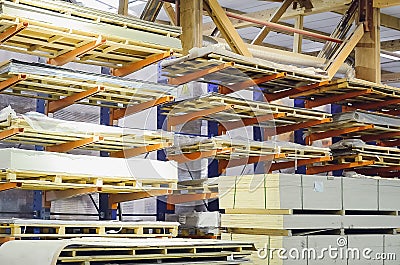 Warehouse of particle boards or chipboards materail for support the furniture manufacturers. Production room Stock Photo