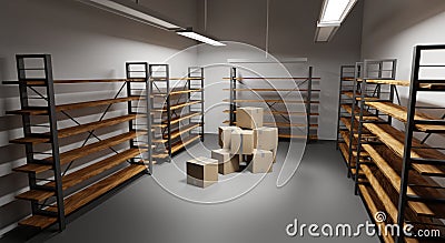 Warehouse with pile stacked cardboard boxes and empty racks. Storage room interior with goods, cargo or parcels and Stock Photo