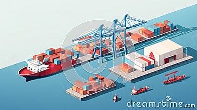 Warehouse port vector conceptual web banner. Isometric projection. Ships with containers on the berth at the port, cranes, workers Stock Photo