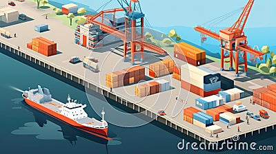 Warehouse port vector conceptual web banner. Isometric projection. Ships with containers on the berth at the port, cranes, workers Stock Photo