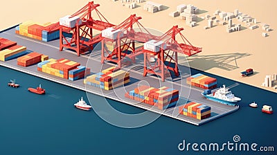 Warehouse port vector conceptual web banner. Isometric projection. Ships with containers on the berth at the port, cranes, workers Stock Photo