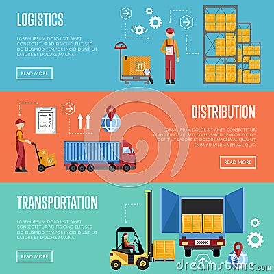 Warehouse process infographics banners. Cartoon Illustration