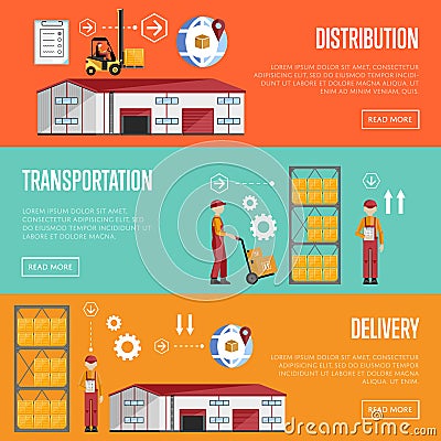 Warehouse process infographics banners. Vector Illustration