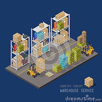 Warehouse racking and forklift and load. Vector Illustration