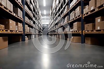 Warehouse, racks with boxes. Generative AI Stock Photo
