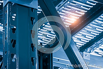 Warehouse racks metal dismountable constructions, modern warehouse technology background concept, vertical orientation, close-up w Stock Photo