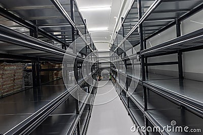 Warehouse racks storage metal pallet racking system in warehouse. Modern interior of new empty warehouse. The shelves are pallet Stock Photo