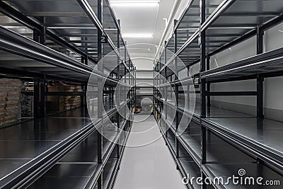 Warehouse racks storage metal pallet racking system in warehouse. Modern interior of new empty warehouse. The shelves are pallet Stock Photo