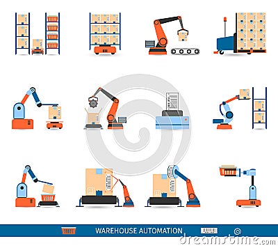 Warehouse Robots Icons Set Vector Illustration