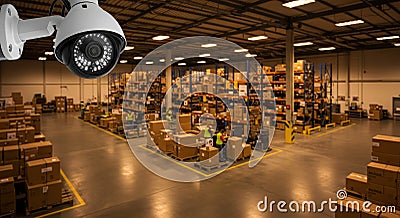 Warehouse Security Camera System Highdefinition security camera monitoring a large warehouse filled with stacked boxes and Stock Photo
