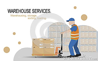 Warehouse services. Warehousing, storage, sorting, loading of goods Vector Illustration