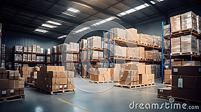 Logistics warehouse shelves with stacked cardboard boxes Stock Photo