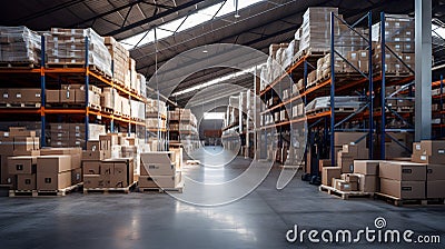 Warehouse, logistics, shelves with stacked cardboard boxes Stock Photo