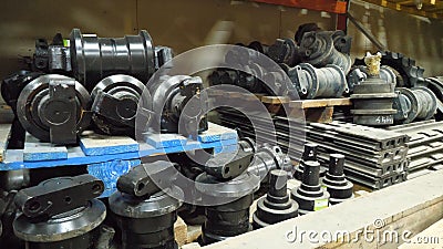 Warehouse of spare parts in car-care center. Warehouse with parts for cars. Auto parts deposit storage. Dismantling yard Stock Photo