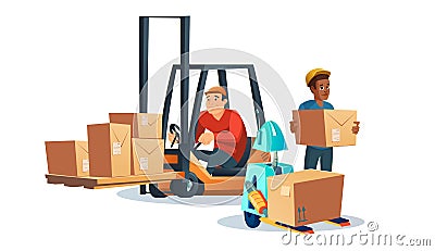 Warehouse staff, forklift and robot with boxes Vector Illustration