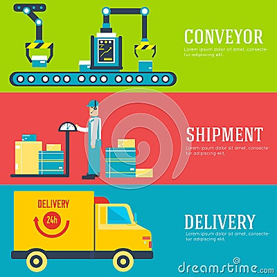 Warehouse staff puts cargoes, box, package and parcels banners. Flat business delivery service vector illustration Vector Illustration