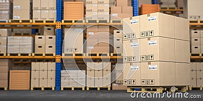 Warehouse or storage with cardboard boxes on a pallet. Logistics and mail delivery concept Cartoon Illustration