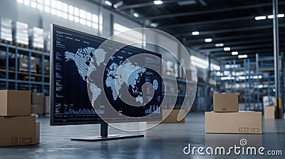Warehouse tech screen displays global inventory data. Modern software interface shows global distribution network. Boxes, tech Stock Photo