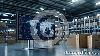 Warehouse tech screen displays global inventory. Software manages logistics. World map visualization shows data. Modern tech Stock Photo