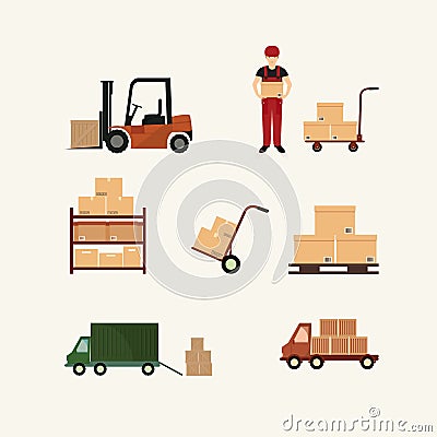 Warehouse transportation and delivery icons flat Vector Illustration