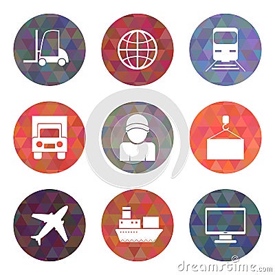 Warehouse transportation and delivery icons flat set on triangle backgrounds Vector Illustration