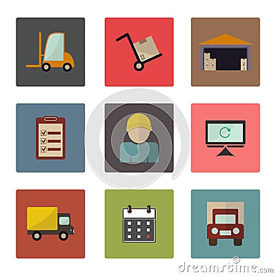 Warehouse transportation and delivery icons flat set Vector Illustration