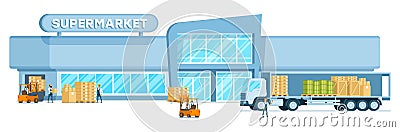 Warehouse Truck Unloading Freight in Supermarket Vector Illustration