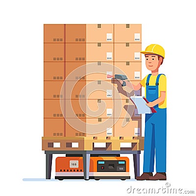 Warehouse worker checking goods pallet Vector Illustration