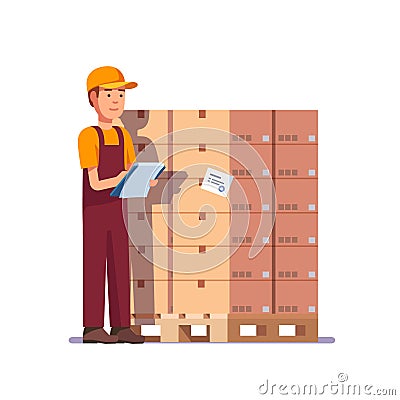 Warehouse worker checking goods on pallet Vector Illustration