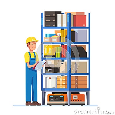 Warehouse worker checking inventory Vector Illustration