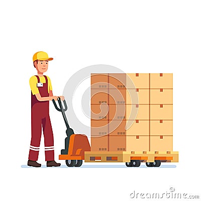 Warehouse worker man towing hand fork lifter Vector Illustration