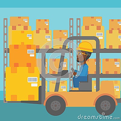 Warehouse worker moving load by forklift truck. Vector Illustration