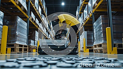 Warehouse Worker Operating Automated System for Efficient Inventory Management in Modern Storage Facility Stock Photo