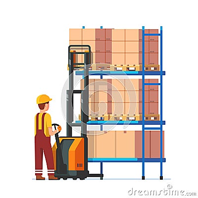 Warehouse worker operating electric fork lifter Vector Illustration