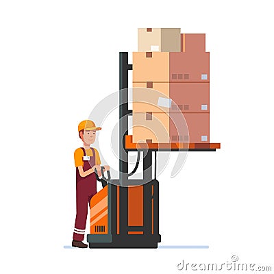 Warehouse worker operating electric fork lifter Vector Illustration