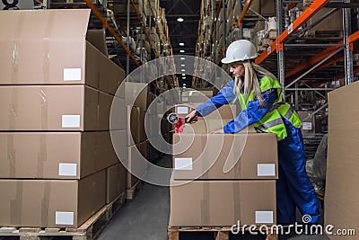 Warehouse worker packing boxes in storehouse Stock Photo