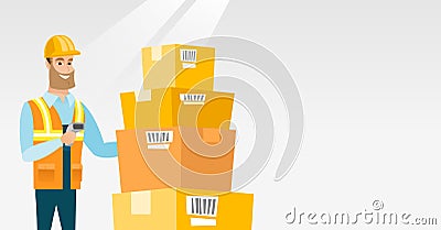 Warehouse worker scanning barcode on box. Vector Illustration