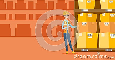 Warehouse worker scanning barcode on box. Vector Illustration