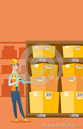 Warehouse worker scanning barcode on box. Vector Illustration